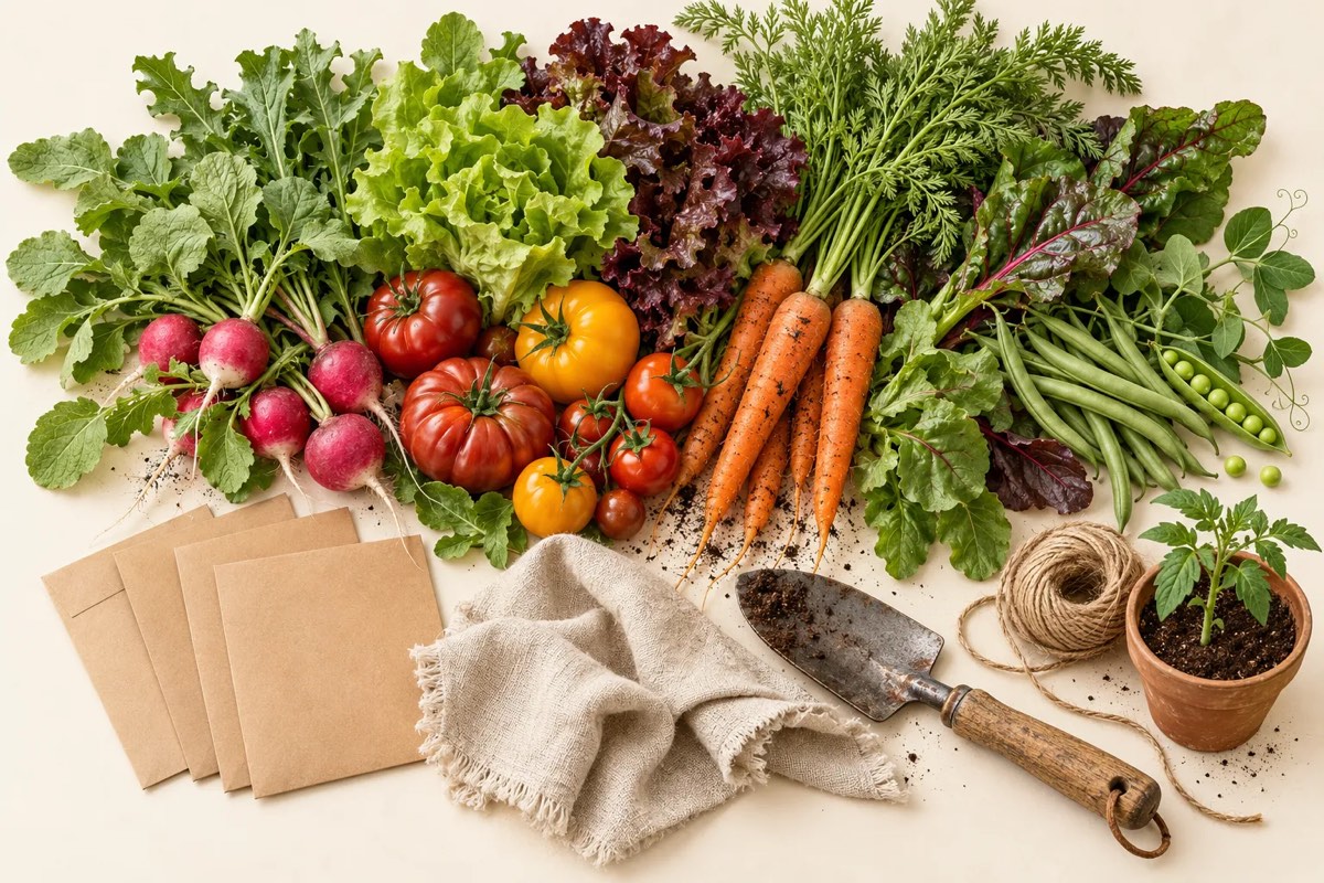 A spread of freshly picked radishes, lettuce, tomatoes, carrots, chard, green beans and peas beside seed packets, a trowel, twine and a tomato seedling in a clay pot.